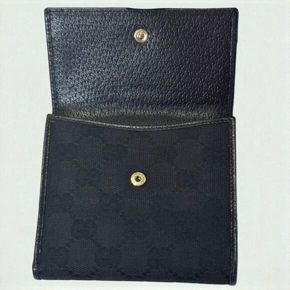 Vintage 90s GUCCI Black Wallet Unisex Double Snap Bifold GG Canvas & Leather COA - Picture 4 of 16